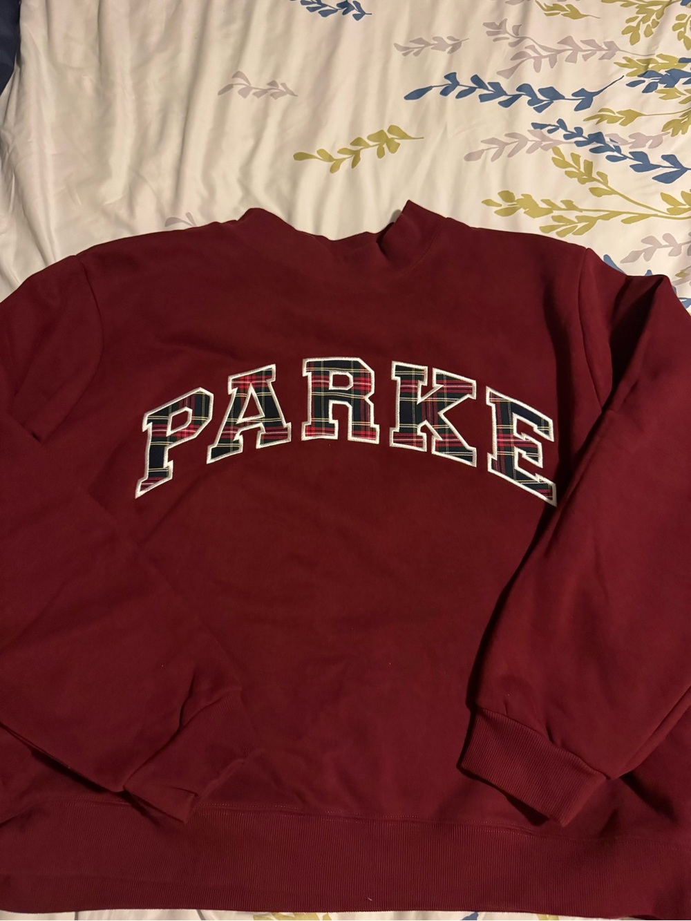Parke Holiday mockneck with Plaid lettering